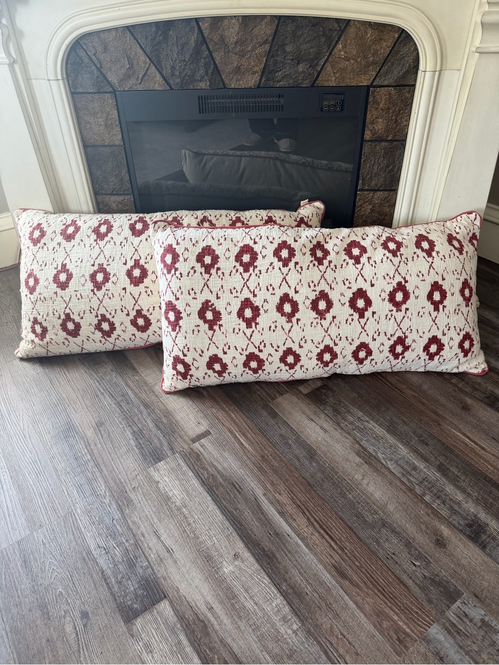 Long Decorative Accent Pillows - Cream with Burgundy Floral Pattern Boho